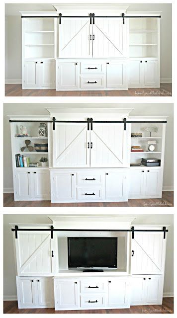 Barn Door Entertainment Center, Diy Entertainment, Decor Ikea, Diy Entertainment Center, Ikea Hacks, Wall Unit, Barn Doors, Built Ins, 인테리어 디자인