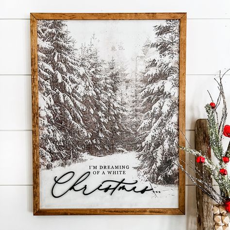 Unique wooden Christmas/holiday sign with "I'm Dreaming of a White Christmas" wording. Part of the wording is laser cut, giving the sign an added unique dimension. Perfect for a mantle display! Size: Approximately 18" wide x 24" tall. Frame adds about 1/2" to each side. All signs will come with the hardware to hang your sign, but can stand propped up if desired. Mantle Display, Dreaming Of A White Christmas, A White Christmas, Holiday Garlands, Christmas Signs Wood, Winter Wood, Laser Cut Sign, Holiday Signs, Wood Frame Sign