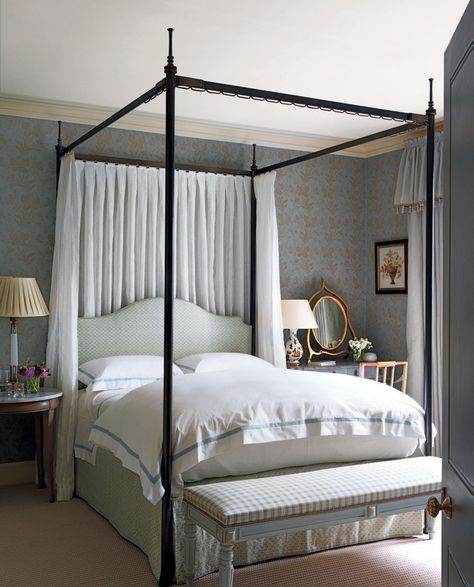 Canopy bed designs | House & Garden London Bedroom, Canopy Bed Curtains, Orange Curtains, Canopy Bedroom, Elegant Bedding, Master Decor, Cottage Bedroom, London Apartment, Four Poster