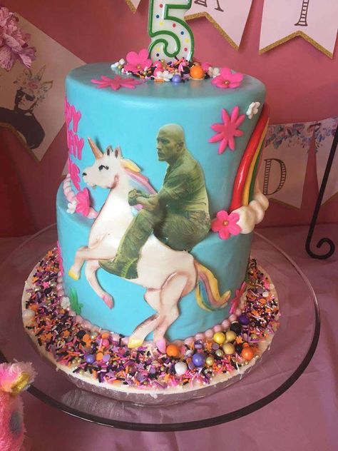 Dwayne "The Rock " Johnson and unicorn themed 5th birthday | CatchMyParty.com Sofia Birthday Cake, Unicorns Birthday Party, Dwayne The Rock Johnson, The Rock Johnson, The Rock Dwayne Johnson, Rock Johnson, Birthday Message, Dwayne The Rock, Unicorn Birthday Parties