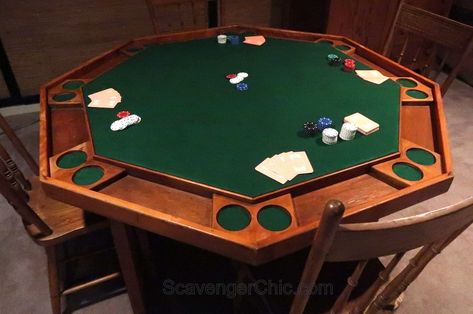 Flea Market Find and Refelting a Poker Table – Scavenger Chic Poker Table Ideas, Poker Table And Chairs, Poker Table Plans, Round Poker Table, Table Poker, Poker Tables, Red Dining Room, Games Table, Interactive Walls