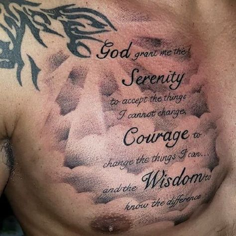 Men Tattoo Quotes, Men Chest Tattoo, Serenity Prayer Tattoo, Chest Tattoo Quotes, Natur Tattoo Arm, Prayer Tattoo, Tattoos Chest, Arm Tattoos Black, Scripture Tattoos