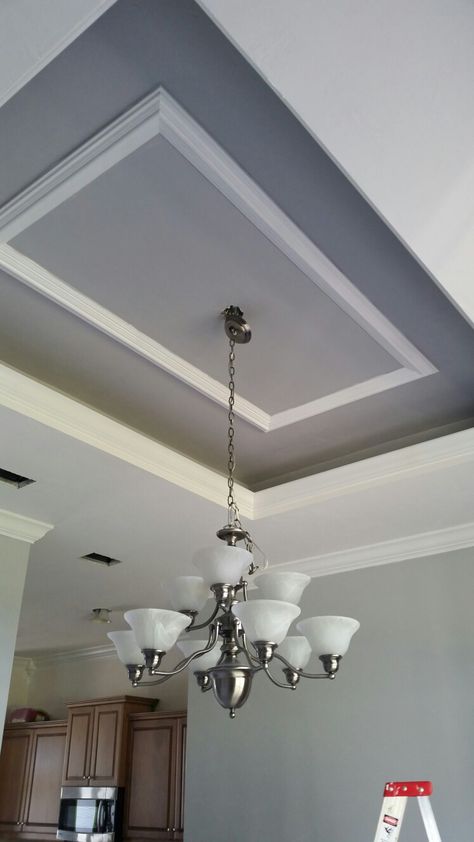 Tray ceiling Painted with Behr Silver Bullet Peripheral False Ceiling, Behr Silver Bullet, Grey Painted Rooms, Tray Ceiling Bedroom, Tray Ceiling Ideas, Ceiling Ideas Living Room, Trashy Y2k Bedroom, Ceiling Paint Colors, Lighting Makeover