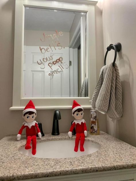 Elf Writes On Bathroom Mirror, Elf On The Shelf In The Bathroom, Elf On The Shelf Bathroom Mirror, Elf On Shelf Bathroom Ideas, Elf Bathroom Ideas, Elf On The Shelf Ideas Bathroom, Elf On The Shelf Bathroom Ideas, Bathroom Jungle, Mirror Writing