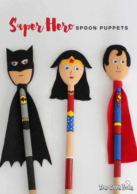 Super Hero Spoon Puppets using wooden spoons – created to look like Batman, Wonder Woman and Superman Spoon Puppets, Wooden Spoon Puppets, Diy With Kids, Hero Crafts, Wooden Spoon Crafts, Spoon Craft, Superhero Crafts, Baby Mobil, Spoon Crafts