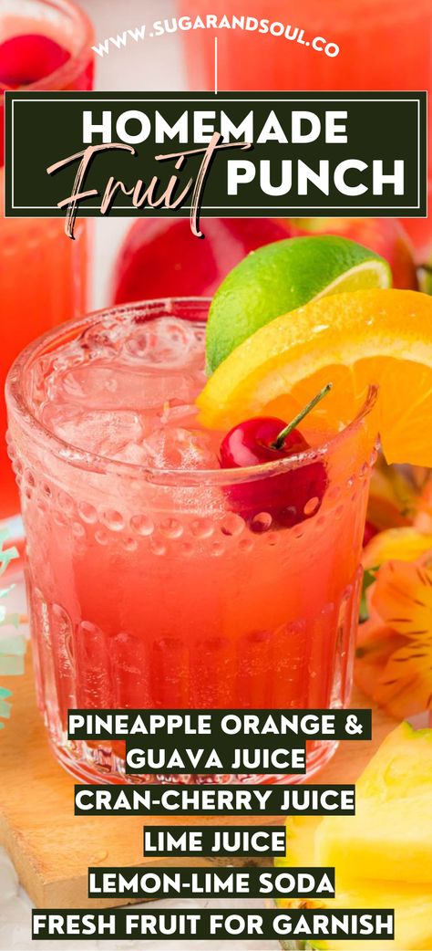 A glass of fruit punch with fruit garnishes on a coaster. Sparkling Fruit Drinks, Dye Free Punch Recipe, Homemade Fruit Punch, Red Punch Recipes, Low Sugar Alcohol, Homemade Punch, Pog Juice, Fruit Punch Recipe, Flavored Lemonade