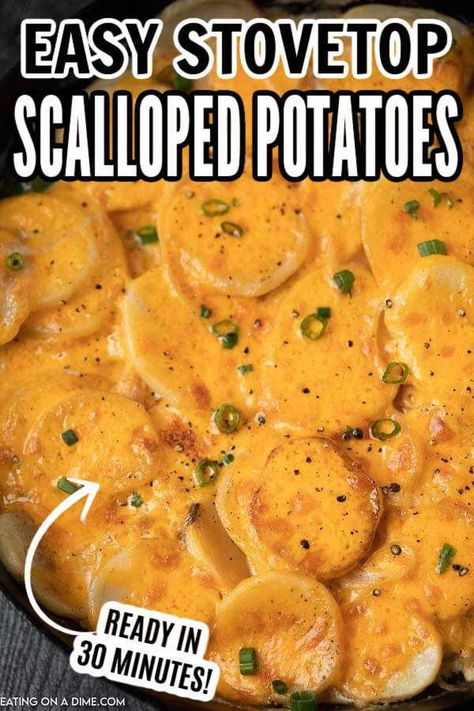 Scalloped Potatoes On Stove Top, Stovetop Cheesy Potatoes, Potato Stove Top Recipes, Stovetop Side Dishes, Stove Top Side Dishes, Au Gratin Potatoes Stove Top, Cheesy Potatoes Stovetop, Stove Top Cheesy Potatoes, Sliced Potatoes On Stove Top