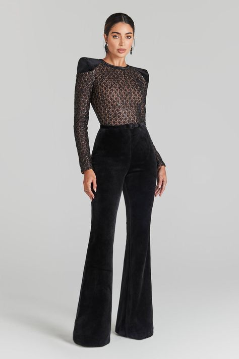 - NADINE MERABI Black Tie Wedding Guest Attire, Black Tie Wedding Guest, Nadine Merabi, Rock And Roll Fashion, Velvet Belt, Evening Jumpsuit, Velvet Jumpsuit, Jumpsuit Chic, Blush Dresses