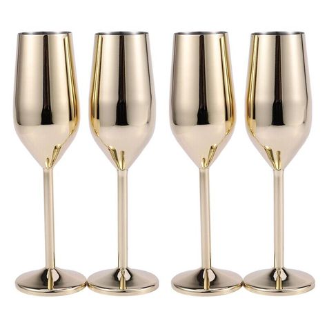 4Pcs/Set Shatterproof Stainless Champagne Glasses Brushed Gold Wedding4123 Made from high quality stainless steel with an on-trend brushed gold , you don't need to worry about smashing these stunning glasses, as they're shatterproof. What's more, as stainless steel is heavier than glass, there's also less chance of Accidentally tipping your drink over - so you can concentrate on enjoying every delicious sip. No need to worry about your freshly poured champagne turning warm before its time either, as the stainless steel glasses will help to keep your drink refreshingly chilled. If champagne isn't your tipple of choice, these glasses are also perfect for cocktails. Owing to their durability, the glasses not only make a great kitchen staple, but are also perfect for picnics, parties, camping Gold Champagne Glasses, Gold Champagne, Bar Glassware, Champagne Glasses, Champagne Gold, Event Decor, Turning, Champagne, Camping