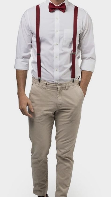 Chambelanes Outfits, Beige Trouser, Suspenders Fashion, Bridal Entourage, Men's Suspenders, Maroon Suit, Red Suspenders, Black Suspenders, Classy Outfits Men