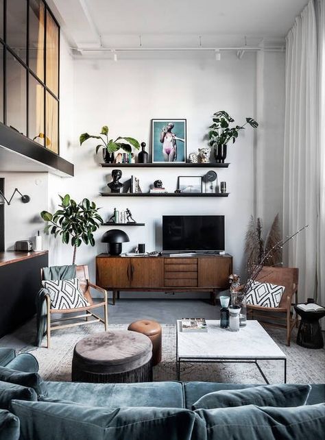 Scandinavian Loft Apartment, Living Pequeños, Scandinavian Loft, Loft Apartment Decorating, Industrial Scandinavian, Casa Loft, Scandinavian Apartment, New York Loft, Loft Interiors