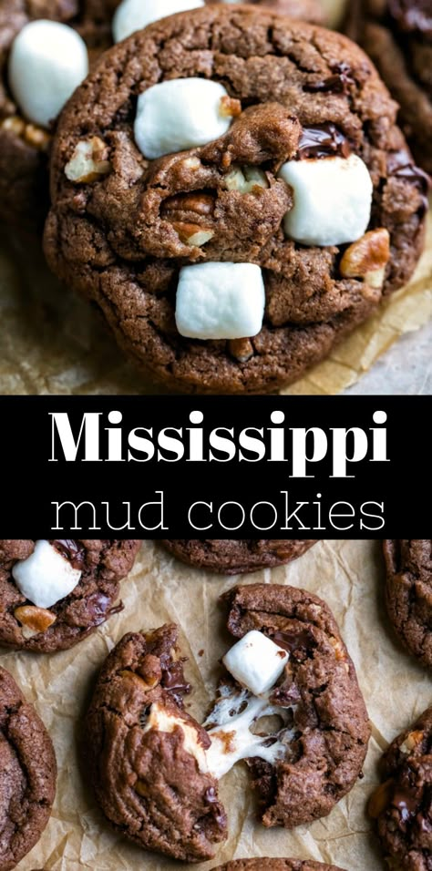 Mississippi Mud Cookies, Hot Chocolate Marshmallow Cookies, Mud Cookies, Chocolate Chip Marshmallow Cookies, Chocolate Marshmallow Cookies, Smores Dessert, Drinks Summer, Chewy Chocolate Cookies, Marshmallow Cookies