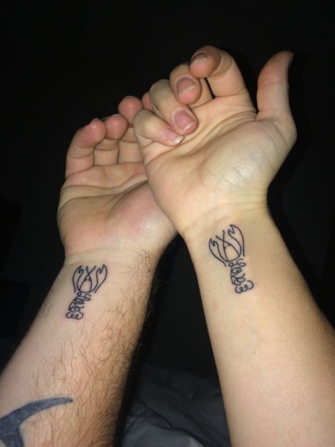 The newest addition to mine and my fiancé's tattoos. #lobsterlove #hesmylobster #lobstertattoos Cute Lobster Tattoo Small, You’re My Lobster Tattoo, Matching Lobster Tattoos, Vegas Couple Tattoos, Lobster Tattoo Small Couple, Lobster Tattoo Couple, Lobster Tattoo Small, Lobster Tattoos, Fiance Tattoos