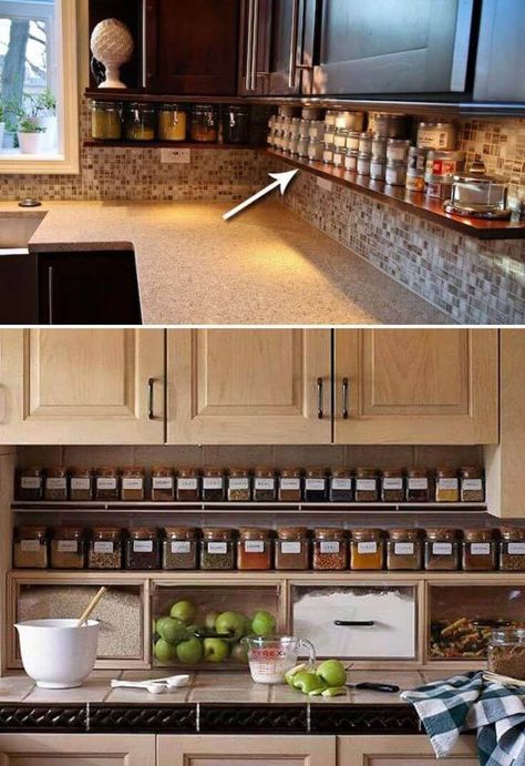 Organizational Ideas for the Kitchen  ￼ Small Kitchen Organization, Small Kitchen Storage, Diy Backsplash, Diy Kitchen Remodel, Small Remodel, Apartment Kitchen, Kitchen On A Budget, Diy Farmhouse, Trendy Kitchen