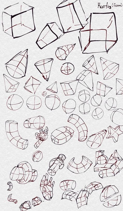 Shapes Perspective Drawing, Shapes To Draw Bodies, How To Practice Perspective Drawing, Shape Anatomy Drawing, 3d Shapes Sketch, Form In Art Drawing, Perspective Art Practice, 3d Shapes Art Reference, Basic Anatomy Sketch