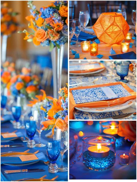 Blue And Orange Wedding Theme, Orange And Navy Wedding, Haldi Theme, Orange And Blue Wedding, Orange Wedding Theme, Blue And Orange Wedding, Jazz Wedding, Orange Centerpieces, 2026 Wedding