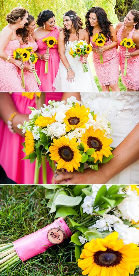 Wedding Sunflower Theme, Wedding Sunflower Bouquets, Pink And Yellow Wedding, Wedding Sunflowers, Pink Bridal Party, Concert Style, Sunflower Theme, Sunflower Images, Balloon Wedding