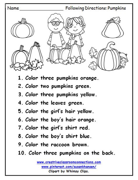 following directions                                                                                                                                                                                 More Following Directions Worksheet, Ell Games, Follow Directions Worksheet, Directions Worksheet, Following Directions Activities, October Lessons, Pumpkin Science, Worksheet Kindergarten, Halloween Poems