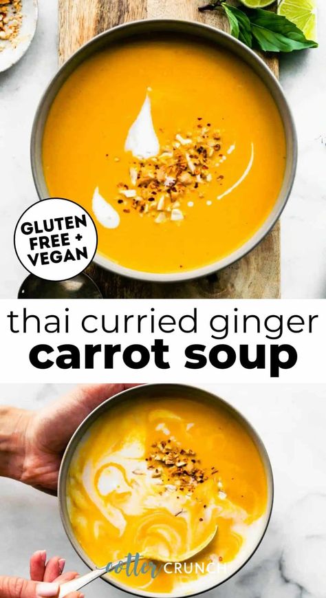 Thai Curried Carrot Ginger Soup recipe is made with nutritious, seasonal ingredients and sweet and spicy flavors for a creamy, cozy vegan soup perfect for chilly fall and winter days! Serve it on its own or as a side dish or healthy appetizer with your favorite gluten-free main courses. Add coconut milk and peanut butter (or almond butter) to make this easy soup dairy free. Thai Carrot Ginger Soup, Thai Carrot Soup, Soup Dairy Free, Cotter Crunch, Soup Recipe Vegan, Carrot Ginger Soup Recipe, Vegan Thai Curry, Nightshade Free Recipes, Carrot Curry