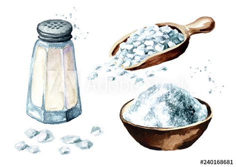 Stock Image: Salt set. Watercolor hand drawn illustration, isolated on white background Hand Drawn Cookbook, Salt Drawing, Salt Illustration, Recipe Book Printables, Salt Watercolor, Book Illustration Design, Salt Painting, Studying Food, Food Painting