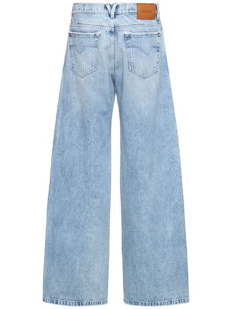 Find VERSACE Stonewashed Denim Wide Jeans on Editorialist. Front button and concealed zip closure. Belt loops. Stonewashed coloring may vary. Five pockets. Model is wearing a size32 Wide Jeans, Versace Men, Diy Book, Versace Jeans, Blue Man, Versace, Light Blue, Mens Outfits, How To Wear