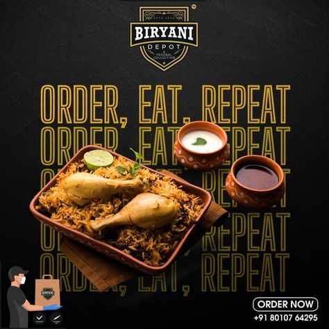 Order, Eat, Repeat biryani Biryani Motion Graphics, Food Photography Ideas Restaurants, Biryani Creative Ads, Biryani Poster, Restaurant Social Media Ideas, Food Marketing, Restaurant Ad, Food Discount, Restaurant Social Media