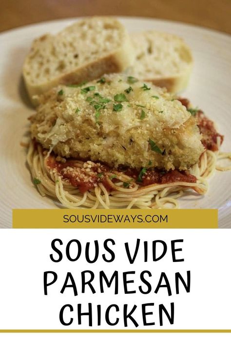 By utilizing a sous vide, you can really take this classic recipe up a notch. Juicy, tender breaded chicken on top of pasta, how can you go wrong. Sous Vide Chicken Recipes, Sou Vide Chicken Breast Recipes, Sous Vide Pesto Chicken, Sous Vide Fried Chicken Recipe, Sous Vide Chicken Ballotine, Sous Vide Recipes Chicken, Veal Parmesan, Sous Vide Chicken Breast, Panko Crusted Chicken