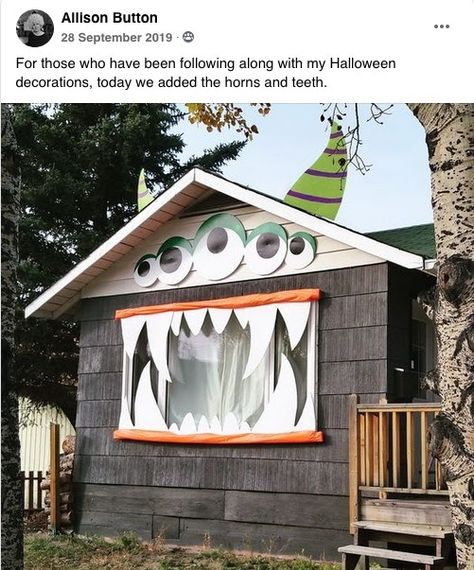 Diy Halloween Decorations Outdoor Cardboard, Monsters Inc Yard Decorations, Halloween Booth Decorations, Diy Monster House, Halloween Monster House, Monster Mash Halloween Party Decorations, Monster House Decoration, Monster House Halloween Decoration, Monster Halloween Decorations