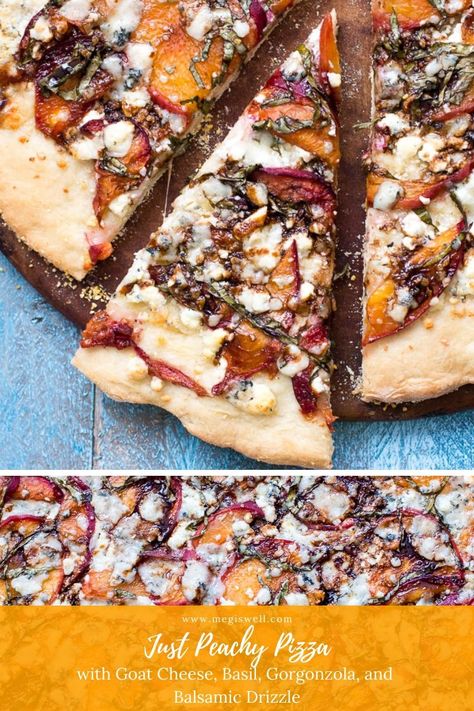 This Just Peachy Pizza uses summer peaches to the best advantage with goat cheese, basil, gorgonzola, and a balsamic drizzle that ties everything together. | Peach Pizza Recipe | #peachpizza #pizzarecipe | www.megiswell.com