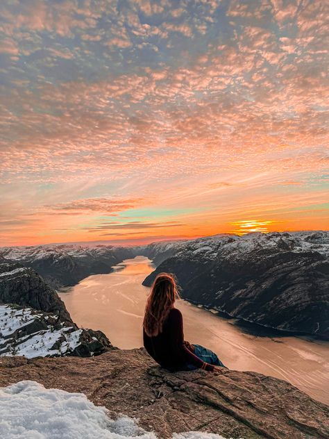 living aesthetic inspo backpacking preikestolen pulpit rock sunset hiking mountain sunrise Pulpit Rock Norway, Hiking Norway, Living Aesthetic, Sunrise Mountain, Mountain Aesthetic, Mountains Aesthetic, Mountain Sunrise, Hiking Aesthetic, Adventure Aesthetic