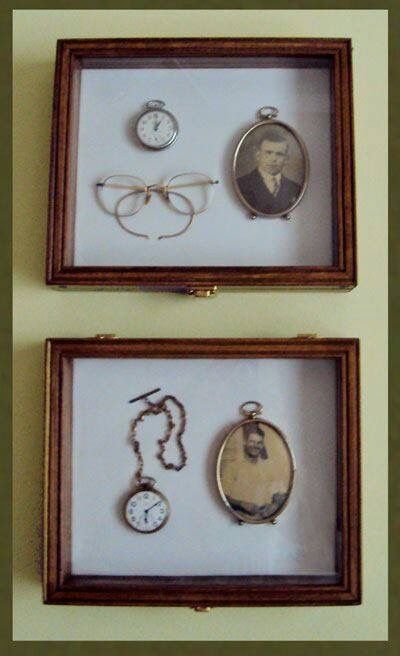 shadow box with Gramma's things ♥ I need to make one! Ancestry Wall, Family Heirloom Display, Genealogy Crafts, Shadow Box Memory, Memory Wall, Memory Crafts, Wood Shadow Box, Vintage Display, Family Keepsakes