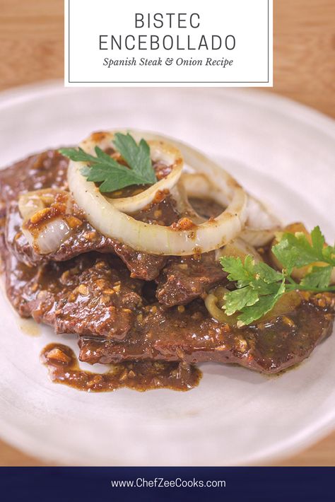 Bistec Encebollado is an amazing yet easy  Spanish Style Steak and Onions! This popular Latin Steak Dish goes great with Spanish Rice & Beans! Dinner will never be the same after you try this authentic Bistec Recipe! #Bistec #BistecEncebollado #SteakDinner White Rice And Beans, Bistec Recipe, Beans Dinner, Bistec Encebollado, Spanish Rice And Beans, Dominicano Recipes, Pork Carnitas Slow Cooker, Steak And Onions, Steak Dishes