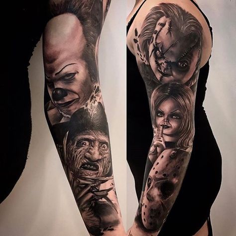 Horror Theme Sleeve Tattoo, Horror Movie Tattoos For Women, Horror Theme Tattoo, Horror Movie Sleeve, Horror Movie Tattoos Sleeve, Horror Tattoo Sleeve, Horror Sleeve Tattoo, Horror Movie Tattoos Ideas, Horror Themed Tattoos