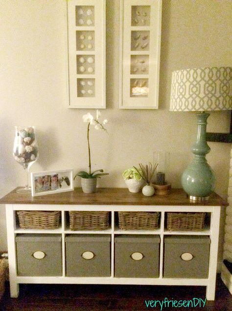 DIY: IKEA Hemnes sideboard makeover. Sanded, primed, painted and stained. Materials: Benjamin Moore Chantilly Lace, Minwax Water-Based Stain in American Walnut, Polycrylic. Ikea Hemnes Sideboard, Hemnes Sideboard, Ikea Hemnes Tv, Ikea Bedroom Design, Ikea Living Room Furniture, Sideboard Makeover, Ikea Makeover, Ikea Living Room, Ikea Bedroom