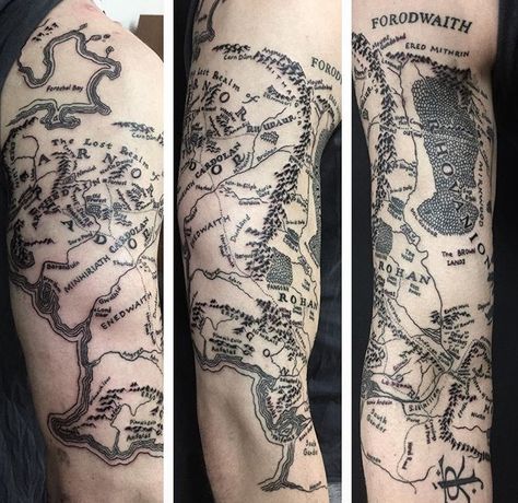 Map of Middle-Earth. Middle Earth Map Tattoo, Earth Map Tattoo, Middle Earth Tattoo, Earth Tattoo Ideas, Earth Tattoos, Hobbit Tattoo, Tolkien Tattoo, Grace Tattoos, Lotr Tattoo