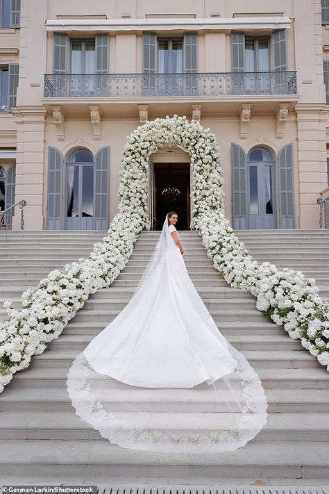 Revealed: Nada Kamani's showpiece Dior gown took a staggering 540 hours to make as she tied the knot at £20million wedding to PrettyLittleThing boss Umar Kamani | Daily Mail Online Dior Wedding Dresses, Dior Wedding, Tom Ford Tuxedo, Famous Weddings, Dior Gown, Lash Quotes, Lace Veils, White Gowns, The South Of France