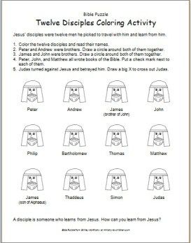 Learn the names of the twelve disciples and a few interesting facts about them in this coloring activity. Click here to download This is part of a series Bible Worksheets Worksheet: Twelve Disciples Coloring Activity Twelve Disciples, Sunday School Worksheets, 12 Disciples, Sunday School Coloring Pages, Sunday School Activities, Childrens Bible, Bible Activities, Coloring Activity, Bible Teachings