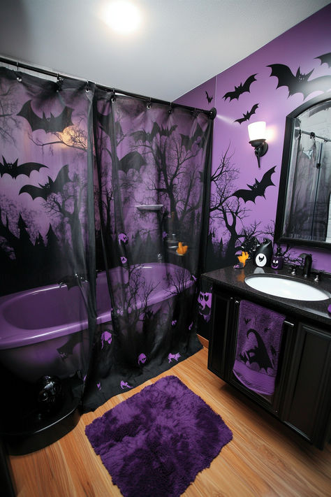 Vampire Bathroom, Bathroom Purple, Gothic Bathroom Ideas, Spooky Bedroom, Goth Bathroom, Spooky Soiree, Spooky Bathroom, Halloween Wonderland, Perfect Apartment