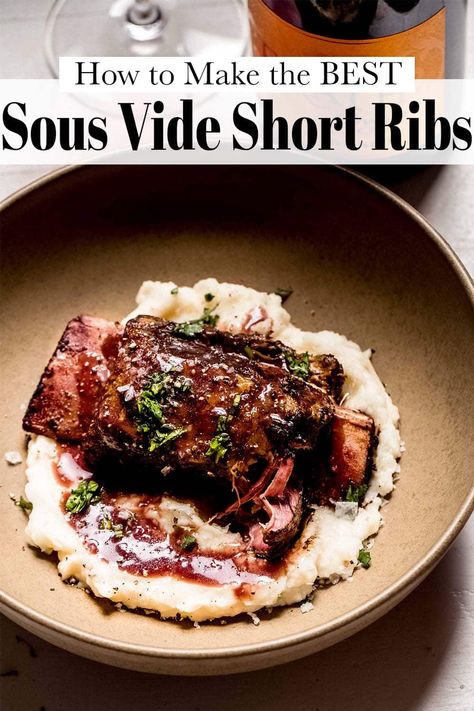 Sous vide short ribs are the perfect dinner party recipe! Easy to make ahead. Just finish in a hot skillet. Served with a red wine reduction. // beef // recipe Leek Puree, Braised Beef Short Ribs, Beef Short Rib Recipes, Short Ribs Recipe, Creamy Polenta, Sous Vide Recipes, Beef Meat, Braised Short Ribs, Sous Vide Cooking