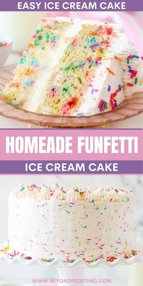 This moist and fluffy funfetti cake is layered with ice cream and covered in a whipped cream topping! It’s the perfect summer dessert and makes for a great birthday cake too! Recipe: https://beyondfrosting.com/funfetti-ice-cream-cake/ Easy Birthday Cake Ideas, Funfetti Ice Cream, Homemade Funfetti Cake, Layered Ice Cream Cake, Make Ice Cream Cake, The Best Birthday Cake, Easy Birthday Cake, Diy Ice Cream Cake, Birthday Cake Ice Cream