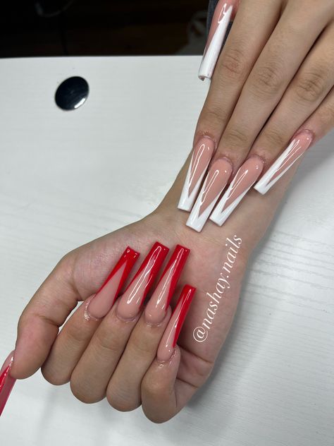 Red French Long Nails, Red V Tip Nails, Red V French Tip Nails, V Tip Acrylic Nails, V French Tip Nails Square, V French Tip Nails Coffin, V Tips Nails Coffin, V Shaped French Tip Nails, V Cut French Tip Nails