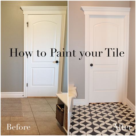 How to Paint your Tile Remingtonavenue.blogspot.com Painting Tile Floors, Ceramic Floor Tile, Painted Floor, Cement Tiles, After Pictures, Painted Floors, Before And After Pictures, Painting Tile, Basement Remodeling