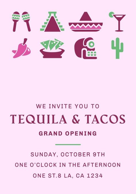 Elegant Aesthetic Tacos And Tequila Restaurant Invitation Aesthetic Tacos, Restaurant Invitation, Tequila Restaurant, Tacos And Tequila, Elegant Aesthetic, Brand Kit, Used Tools, Grand Opening, Business Branding