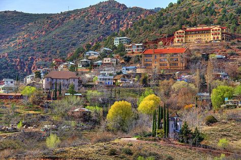 Jerome Arizona..old copper mining town considered "The wickest town in the west".  Went from 15,000 people down to 50 so it has been considered a ghost town. It's way up in the mts at 5,200 ft. Jerome Grand Hotel, Jerome Az, Jerome Arizona, Arizona Restaurants, Arizona Adventure, Arizona Trip, Arizona Road Trip, Mining Town, The Asylum