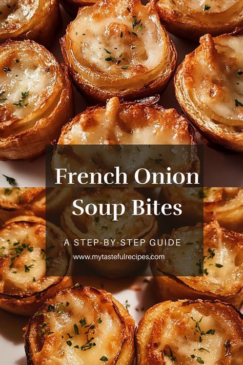 Turn your favorite soup into a crowd-pleasing bite-sized treat with these French Onion Soup Bites! With savory caramelized onions, melted cheese, and a crispy base, they’re the perfect snack for your next party. French Onion Soup Bites, Savory Christmas Treats, French Onion Soup Cheese, Onion Appetizers, Turkey Appetizers, French Appetizers, Mushroom Appetizers, French Soup, Onion Tart