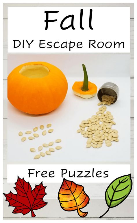 the pin shows a pumpkin, seeds and the seeds lined up to count and three leaves at the bottom that are clipart. Halloween Escape Room Classroom, Simple Halloween Activities For Kids, Thanksgiving Escape Room Free, Halloween Escape Room For Teens, Fear Factor Games For Kids, Homemade Escape Room Ideas, Free Escape Room Printable, Fall Class Party Ideas, Fall Party Games For Kids