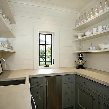 U Shaped Butlers Pantry Design Ideas Butlers Pantry With Sink, Pantry With Sink, Working Pantry, Grey Floating Shelves, Kitchen Goals, White Floating Shelves, Pantry Wall, Floating Shelves Bathroom, Pantry Shelving