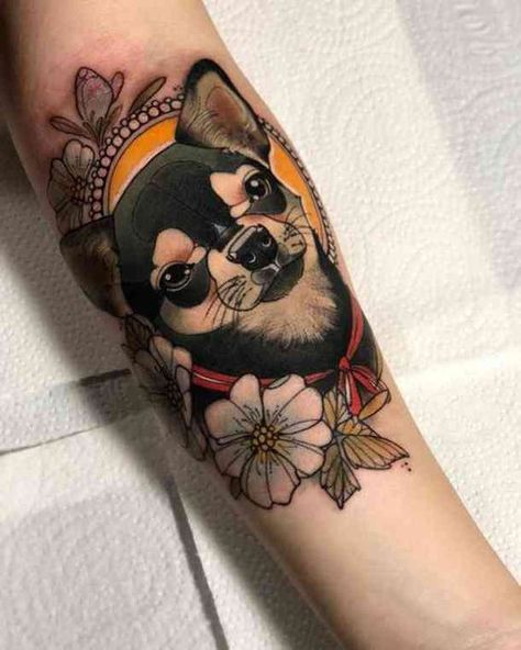 Neo traditional dog portrait tattoo on the arm | www.otziapp.com Belly Tattoos For Women, Neo Traditional Art, Chihuahua Tattoo, Dog Portrait Tattoo, Neo Tattoo, Tier Tattoo, Dog Memorial Tattoos, Flash Sheets, Neotraditional Tattoo