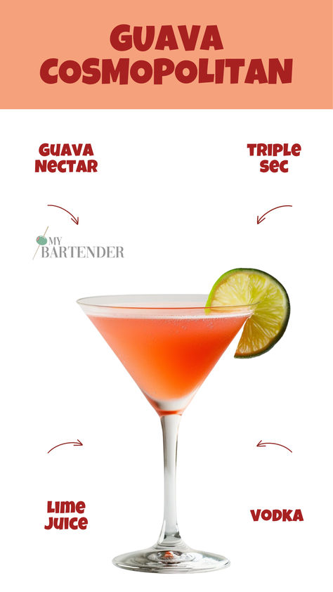 Guava Cosmopolitan Guava Cocktails, Guava Cocktail Recipes, Guava Cocktail, Girls Night Cocktails, Guava Nectar, Cosmopolitan Cocktails, Guava Recipes, Martini Recipes Vodka, Vodka Cocktails Easy