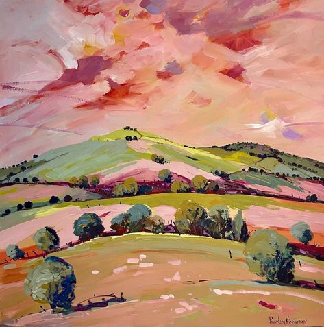 Landscape Paintings Pastel, Bright Landscape Painting, Pastel Color Landscape, Pink Painting Landscape, Landscape Art Ideas, Polly Kimmorley, Pink Landscape Aesthetic Painting, Australian Landscape Painting, Paint Landscape